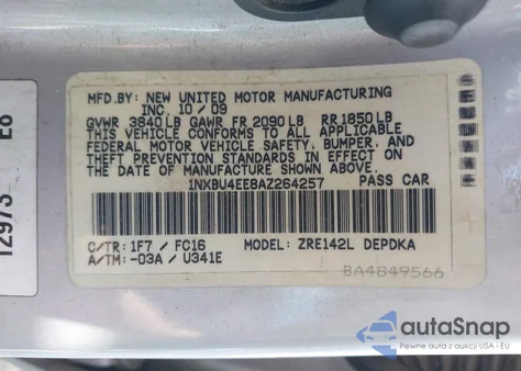 2010 Toyota Corolla Le z USA, uszkodzony, nr VIN 1NXBU4EE8AZ264257